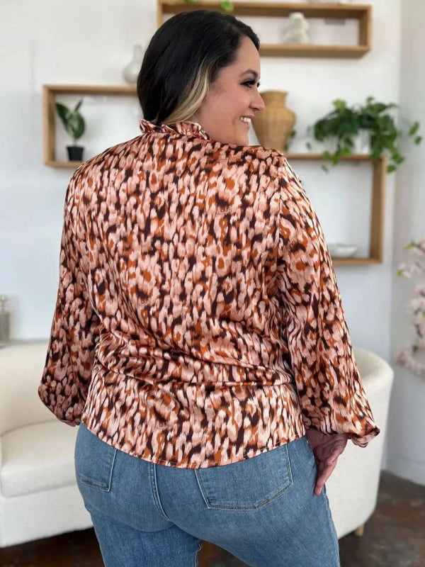 Double Take Full Size Printed Ruffle Trim Balloon Sleeve Shirt - ShalayeFashion