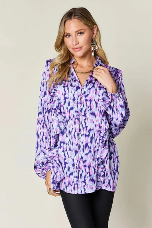 Double Take Full Size Printed Ruffle Trim Balloon Sleeve Shirt - ShalayeFashion