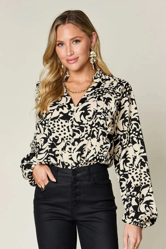 Double Take Full Size Printed Ruffle Trim Balloon Sleeve Shirt - ShalayeFashion
