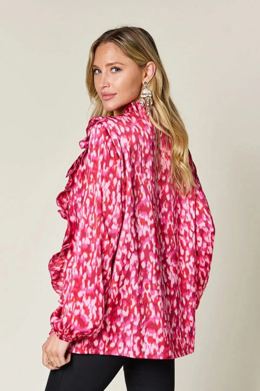Double Take Full Size Printed Ruffle Trim Balloon Sleeve Shirt - ShalayeFashion