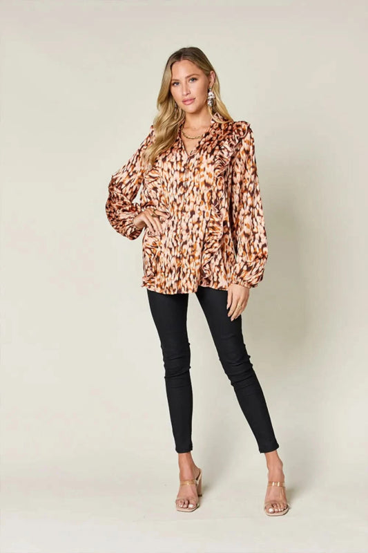 Double Take Full Size Printed Ruffle Trim Balloon Sleeve Shirt - ShalayeFashion