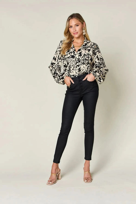 Double Take Full Size Printed Ruffle Trim Balloon Sleeve Shirt - ShalayeFashion