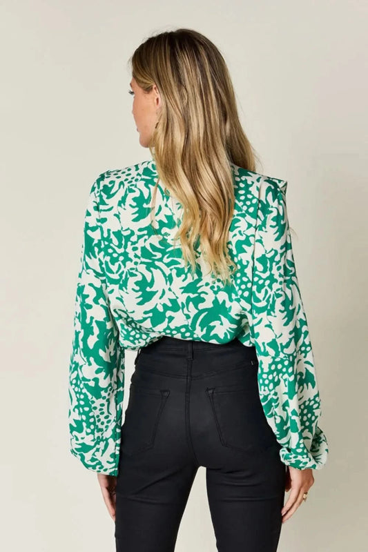 Double Take Full Size Printed Ruffle Trim Balloon Sleeve Shirt - ShalayeFashion