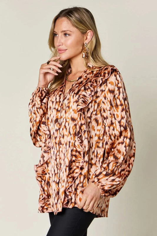 Double Take Full Size Printed Ruffle Trim Balloon Sleeve Shirt - ShalayeFashion