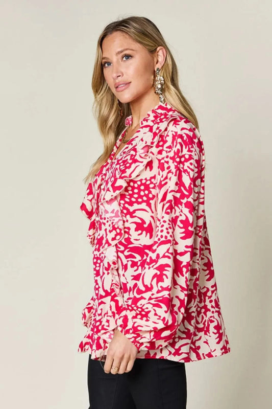 Double Take Full Size Printed Ruffle Trim Balloon Sleeve Shirt - ShalayeFashion