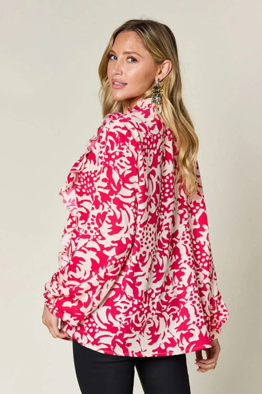 Double Take Full Size Printed Ruffle Trim Balloon Sleeve Shirt - ShalayeFashion