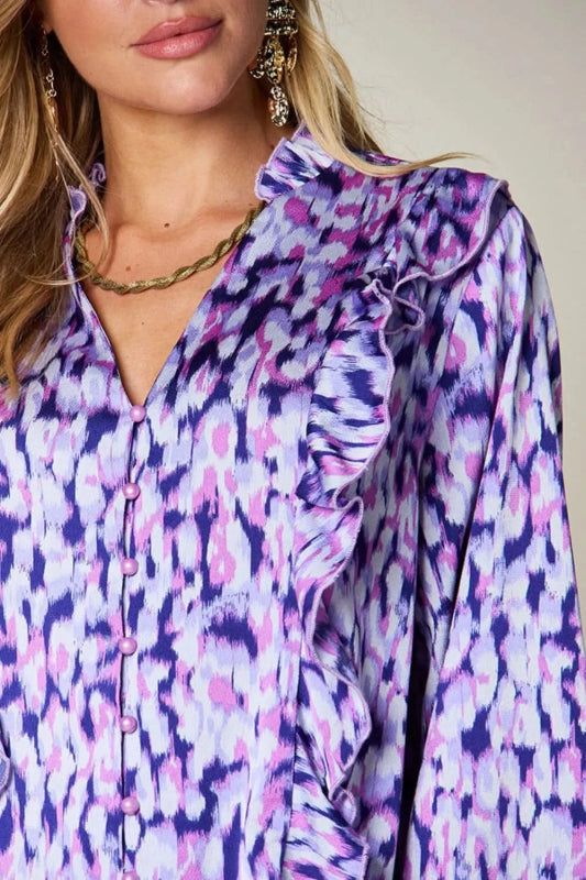 Double Take Full Size Printed Ruffle Trim Balloon Sleeve Shirt - ShalayeFashion