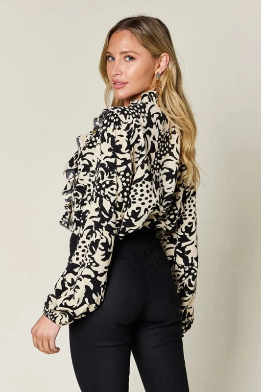 Double Take Full Size Printed Ruffle Trim Balloon Sleeve Shirt - ShalayeFashion