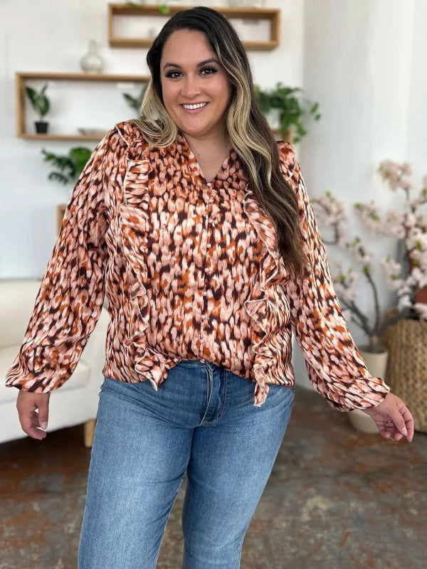 Double Take Full Size Printed Ruffle Trim Balloon Sleeve Shirt - ShalayeFashion