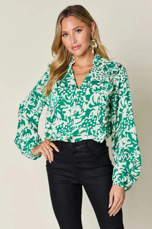 Double Take Full Size Printed Ruffle Trim Balloon Sleeve Shirt - ShalayeFashion