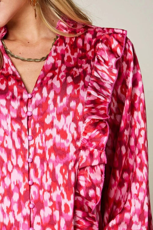 Double Take Full Size Printed Ruffle Trim Balloon Sleeve Shirt - ShalayeFashion