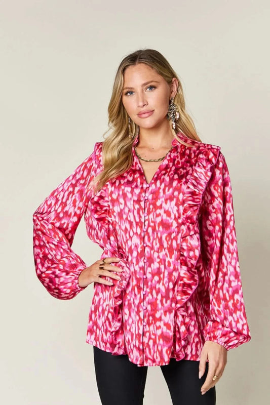 Double Take Full Size Printed Ruffle Trim Balloon Sleeve Shirt - ShalayeFashion
