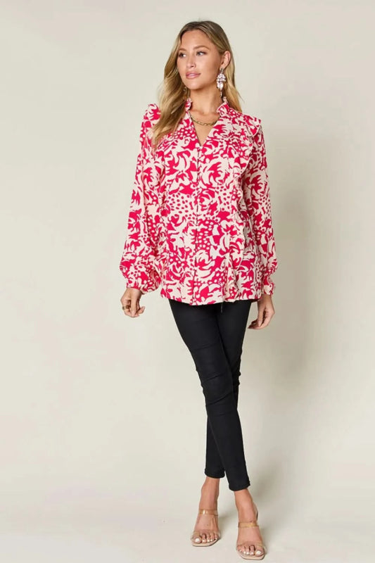 Double Take Full Size Printed Ruffle Trim Balloon Sleeve Shirt - ShalayeFashion