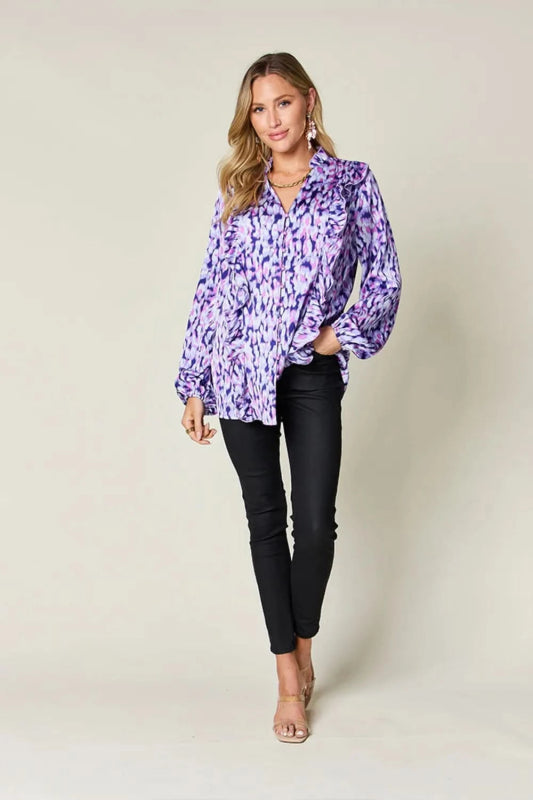 Double Take Full Size Printed Ruffle Trim Balloon Sleeve Shirt - ShalayeFashion