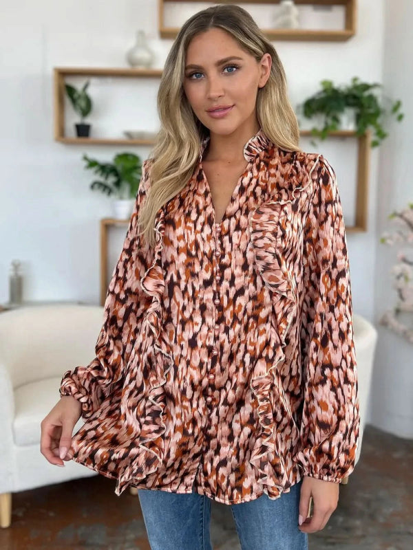 Double Take Full Size Printed Ruffle Trim Balloon Sleeve Shirt - ShalayeFashion