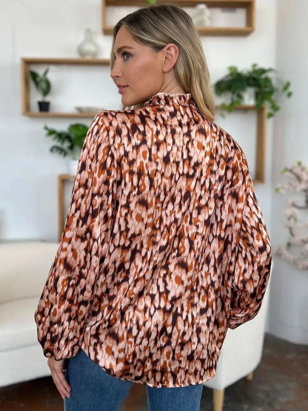 Double Take Full Size Printed Ruffle Trim Balloon Sleeve Shirt - ShalayeFashion