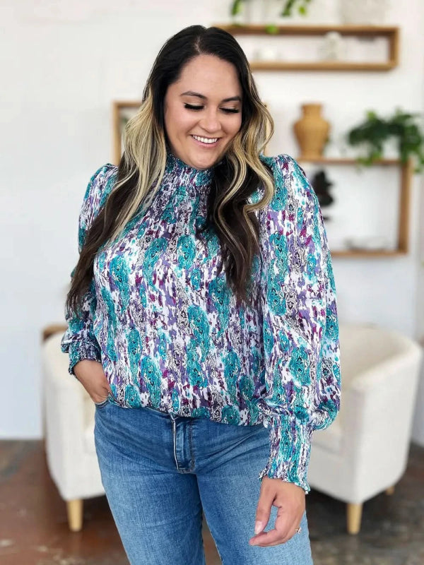 Double Take Full Size Printed Smocked Long Sleeve Blouse - ShalayeFashion