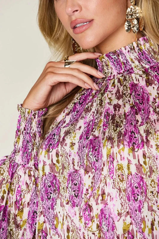 Double Take Full Size Printed Smocked Long Sleeve Blouse - ShalayeFashion