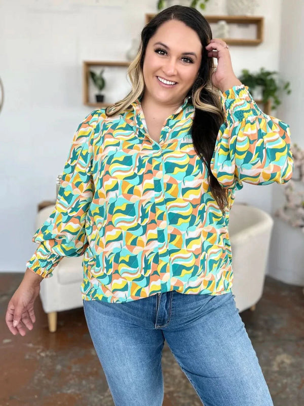 Double Take Full Size Printed Smocked Long Sleeve Blouse - ShalayeFashion