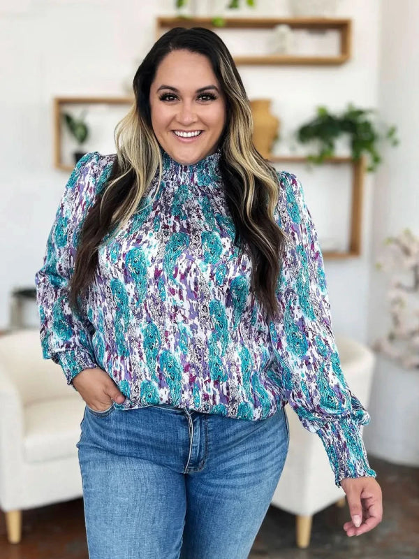 Double Take Full Size Printed Smocked Long Sleeve Blouse - ShalayeFashion
