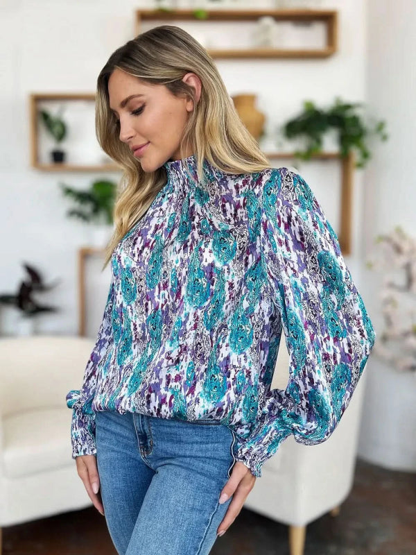 Double Take Full Size Printed Smocked Long Sleeve Blouse - ShalayeFashion