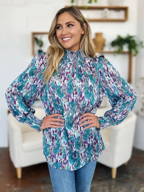 Double Take Full Size Printed Smocked Long Sleeve Blouse - ShalayeFashion