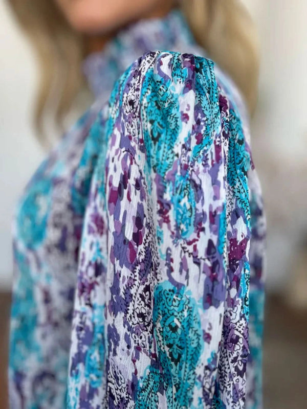 Double Take Full Size Printed Smocked Long Sleeve Blouse - ShalayeFashion