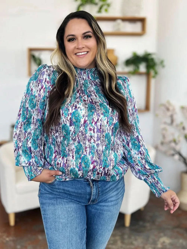 Double Take Full Size Printed Smocked Long Sleeve Blouse - ShalayeFashion