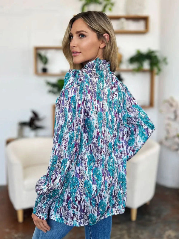 Double Take Full Size Printed Smocked Long Sleeve Blouse - ShalayeFashion