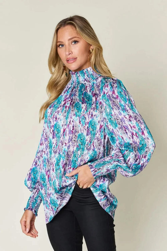 Double Take Full Size Printed Smocked Long Sleeve Blouse - ShalayeFashion