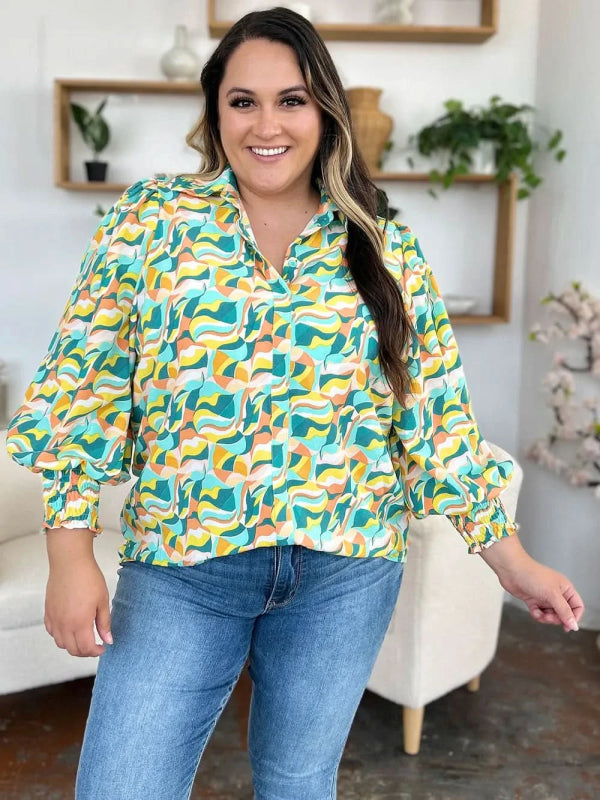 Double Take Full Size Printed Smocked Long Sleeve Blouse - ShalayeFashion