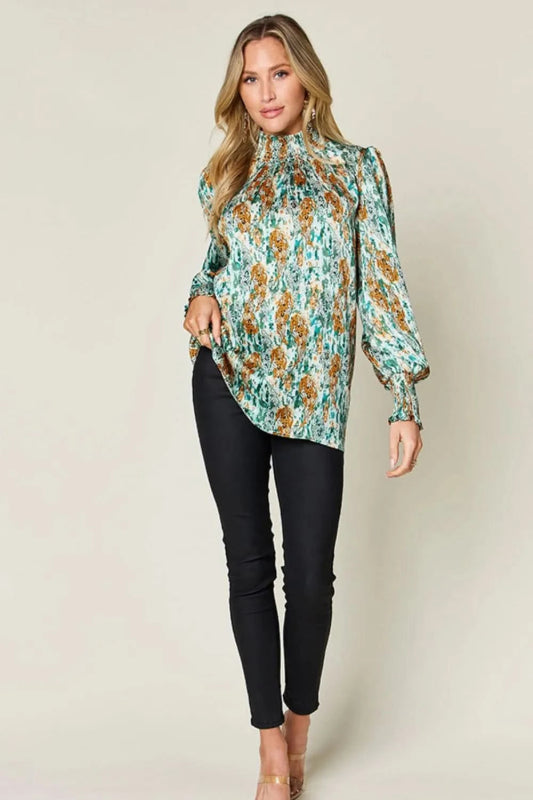 Double Take Full Size Printed Smocked Long Sleeve Blouse - ShalayeFashion