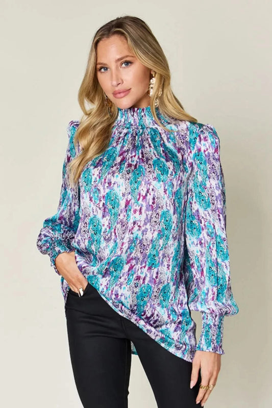 Double Take Full Size Printed Smocked Long Sleeve Blouse - ShalayeFashion