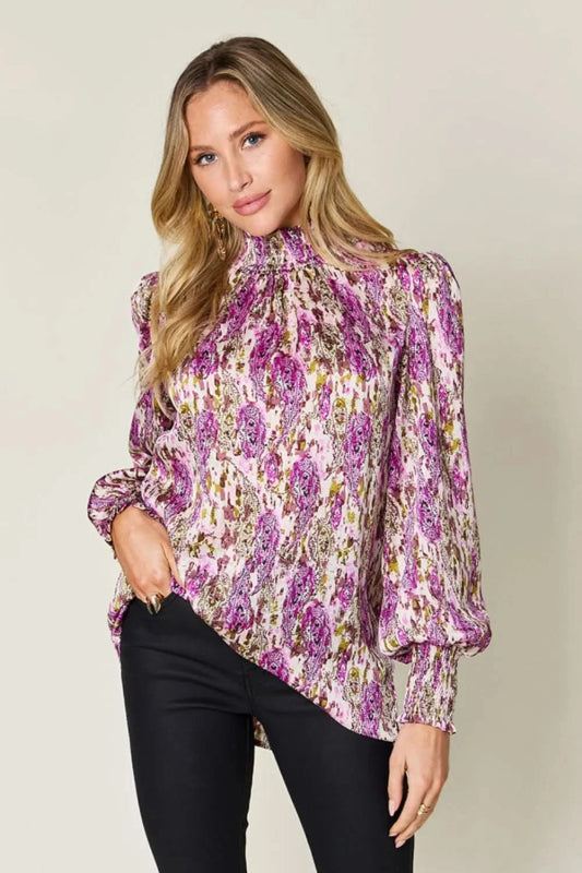 Double Take Full Size Printed Smocked Long Sleeve Blouse - ShalayeFashion