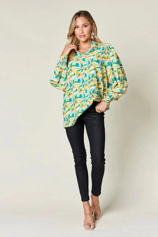 Double Take Full Size Printed Smocked Long Sleeve Blouse - ShalayeFashion
