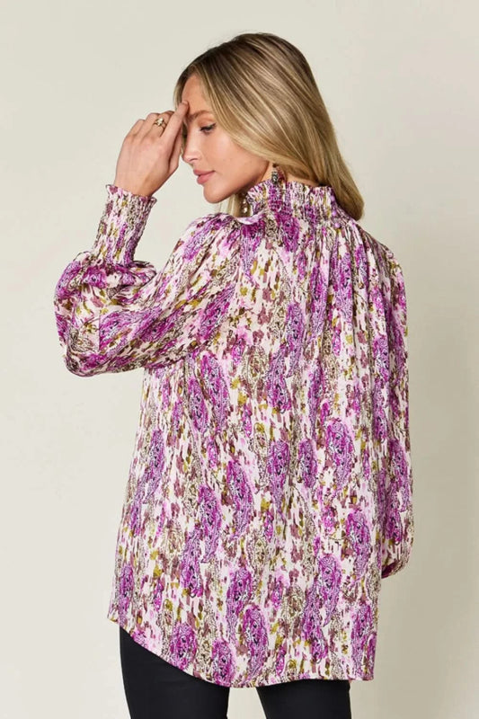 Double Take Full Size Printed Smocked Long Sleeve Blouse - ShalayeFashion