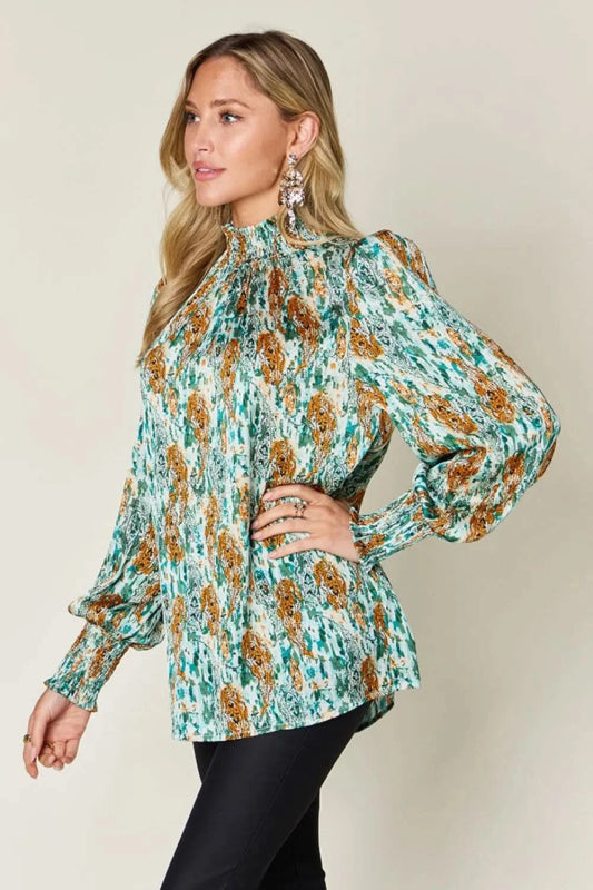 Double Take Full Size Printed Smocked Long Sleeve Blouse - ShalayeFashion