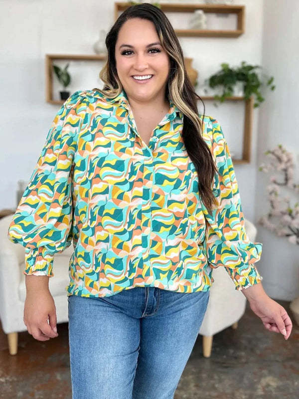 Double Take Full Size Printed Smocked Long Sleeve Blouse - ShalayeFashion