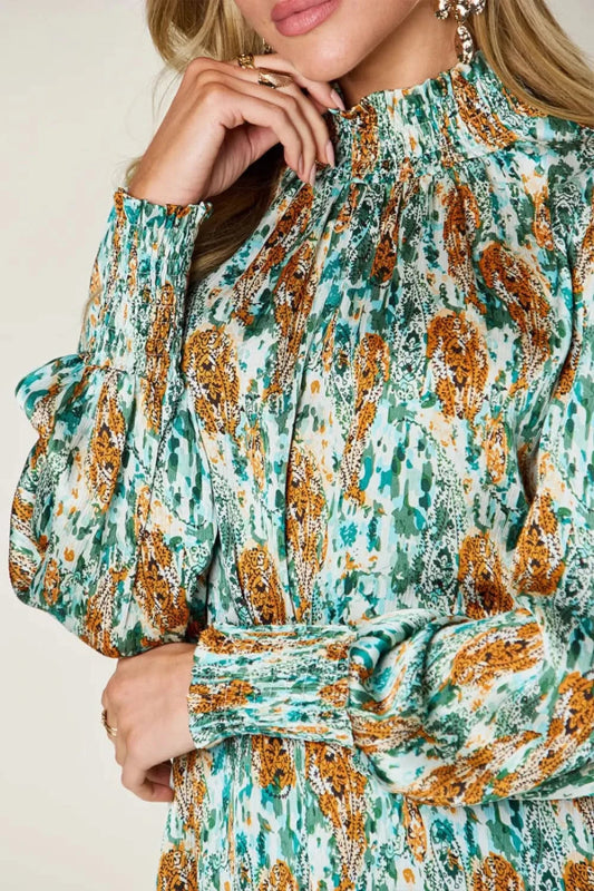 Double Take Full Size Printed Smocked Long Sleeve Blouse - ShalayeFashion