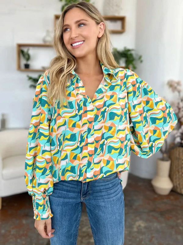 Double Take Full Size Printed Smocked Long Sleeve Blouse - ShalayeFashion