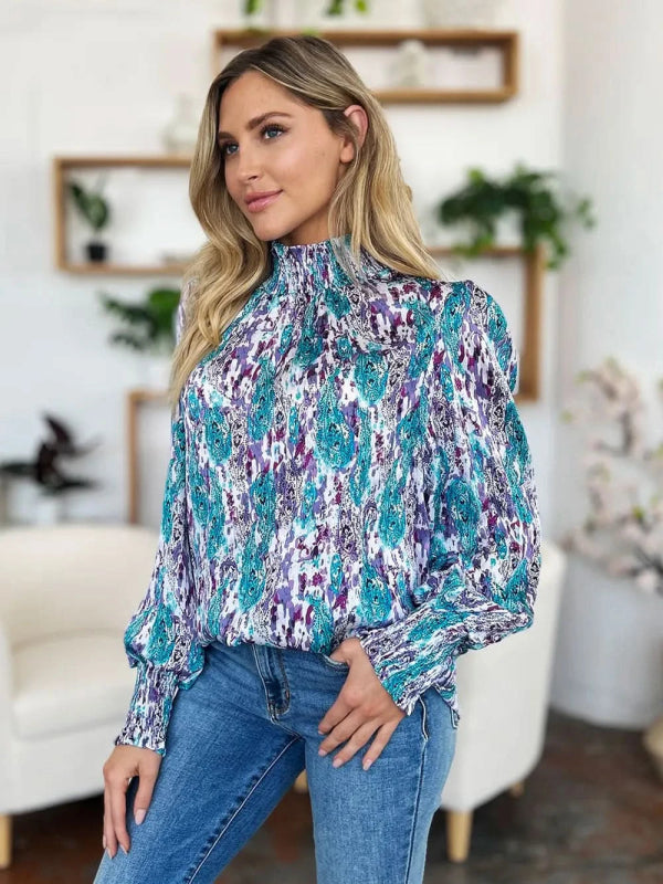 Double Take Full Size Printed Smocked Long Sleeve Blouse - ShalayeFashion