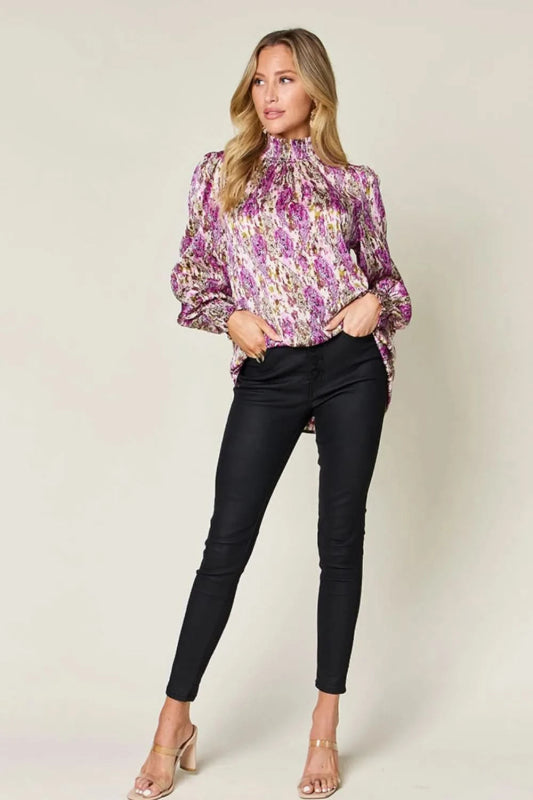Double Take Full Size Printed Smocked Long Sleeve Blouse - ShalayeFashion