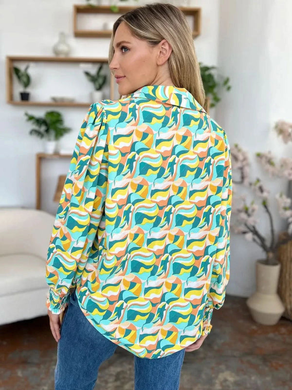 Double Take Full Size Printed Smocked Long Sleeve Blouse - ShalayeFashion