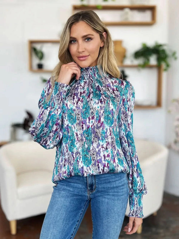 Double Take Full Size Printed Smocked Long Sleeve Blouse - ShalayeFashion
