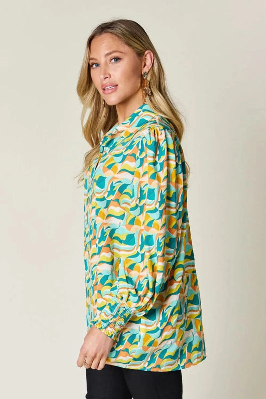 Double Take Full Size Printed Smocked Long Sleeve Blouse - ShalayeFashion