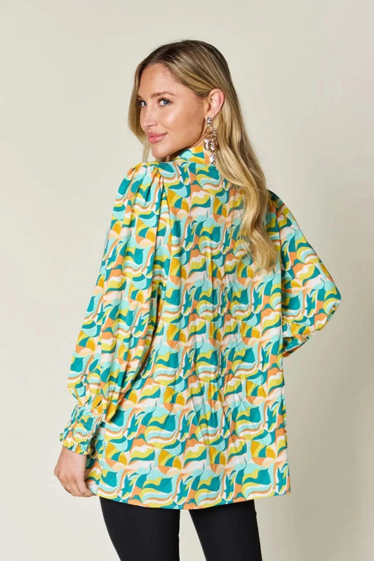 Double Take Full Size Printed Smocked Long Sleeve Blouse - ShalayeFashion