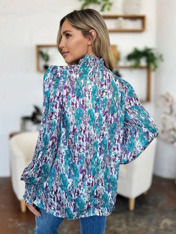 Double Take Full Size Printed Smocked Long Sleeve Blouse - ShalayeFashion