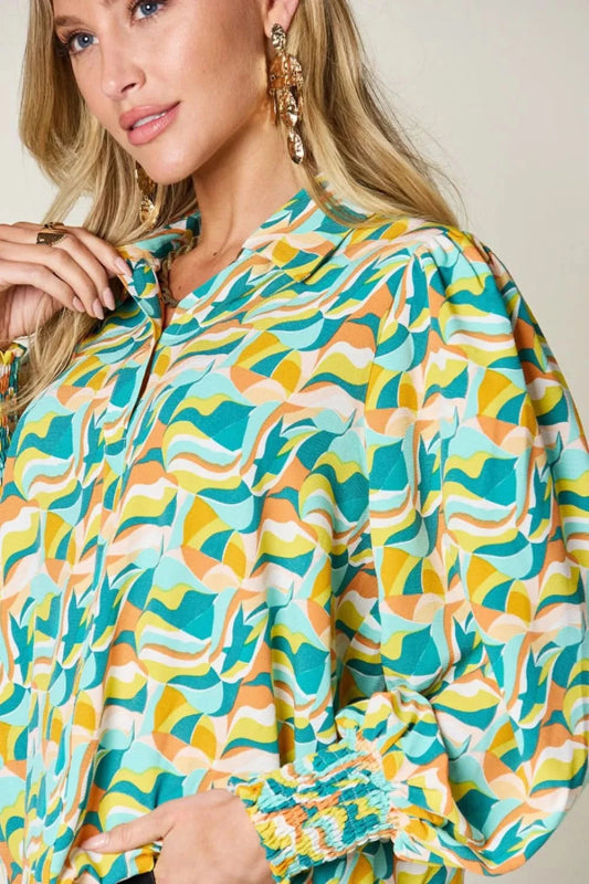 Double Take Full Size Printed Smocked Long Sleeve Blouse - ShalayeFashion