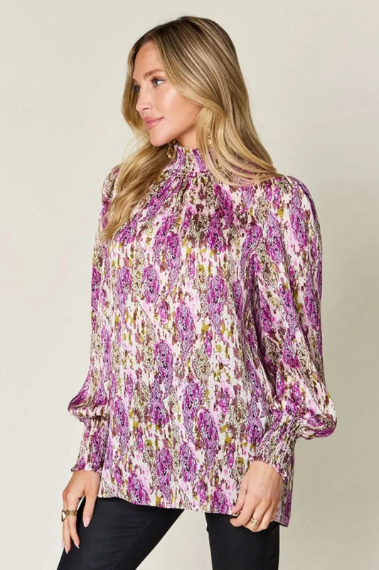 Double Take Full Size Printed Smocked Long Sleeve Blouse - ShalayeFashion