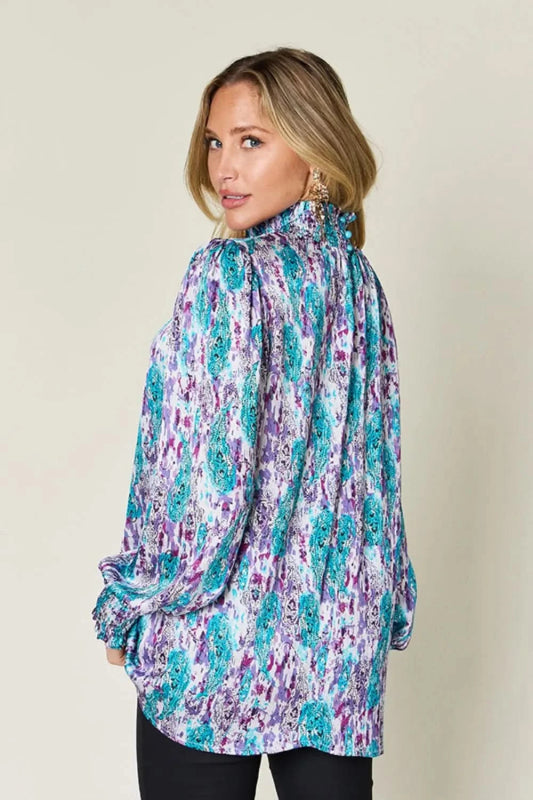 Double Take Full Size Printed Smocked Long Sleeve Blouse - ShalayeFashion